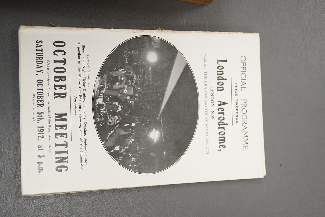 A collection of twenty early 20th century London Aerodrome, Hendon, Official Programmes, dated from the 11th May 1912 through to the 2nd November 1912, together with a Chad Valley ‘The Aerial Derby’ board game, Kompactum